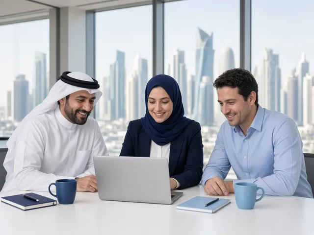 QCode team collaborating around a laptop in a Doha office overlooking the West Bay skyline