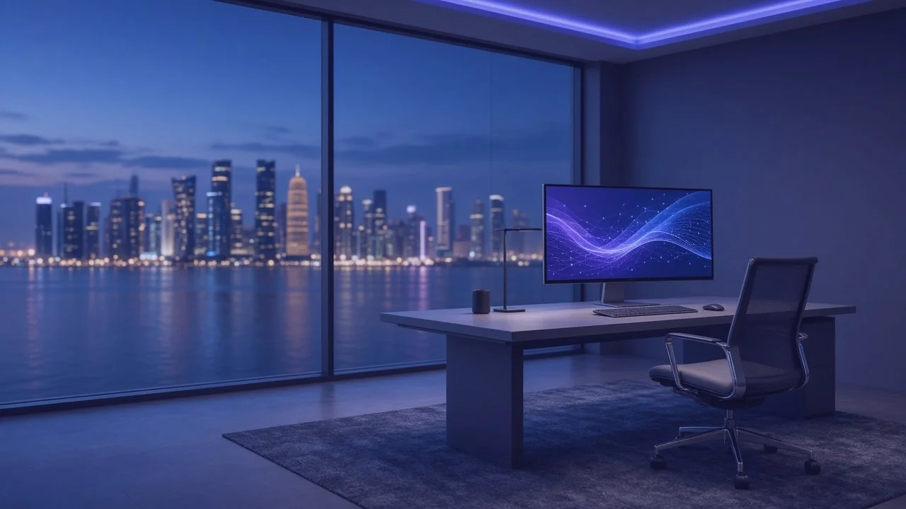 QCode office desk at dusk with a view of the Doha skyline across the bay