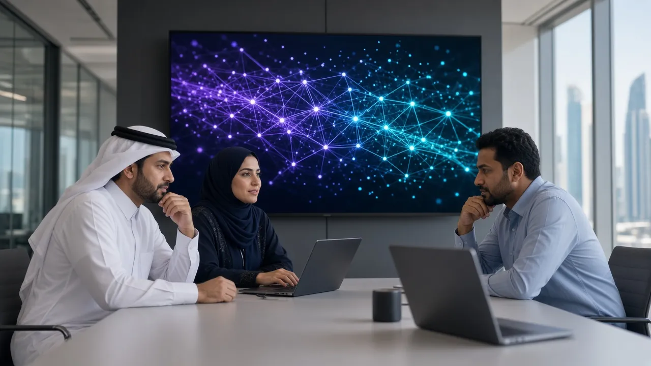 Team discussing a neural network visualization on a large screen