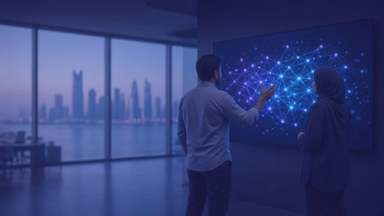 Team discussing a neural network visualization on a large screen