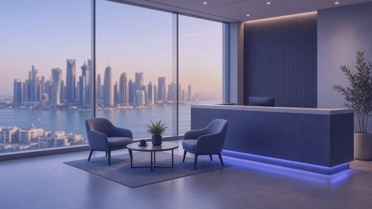 QCode reception area overlooking the Doha skyline