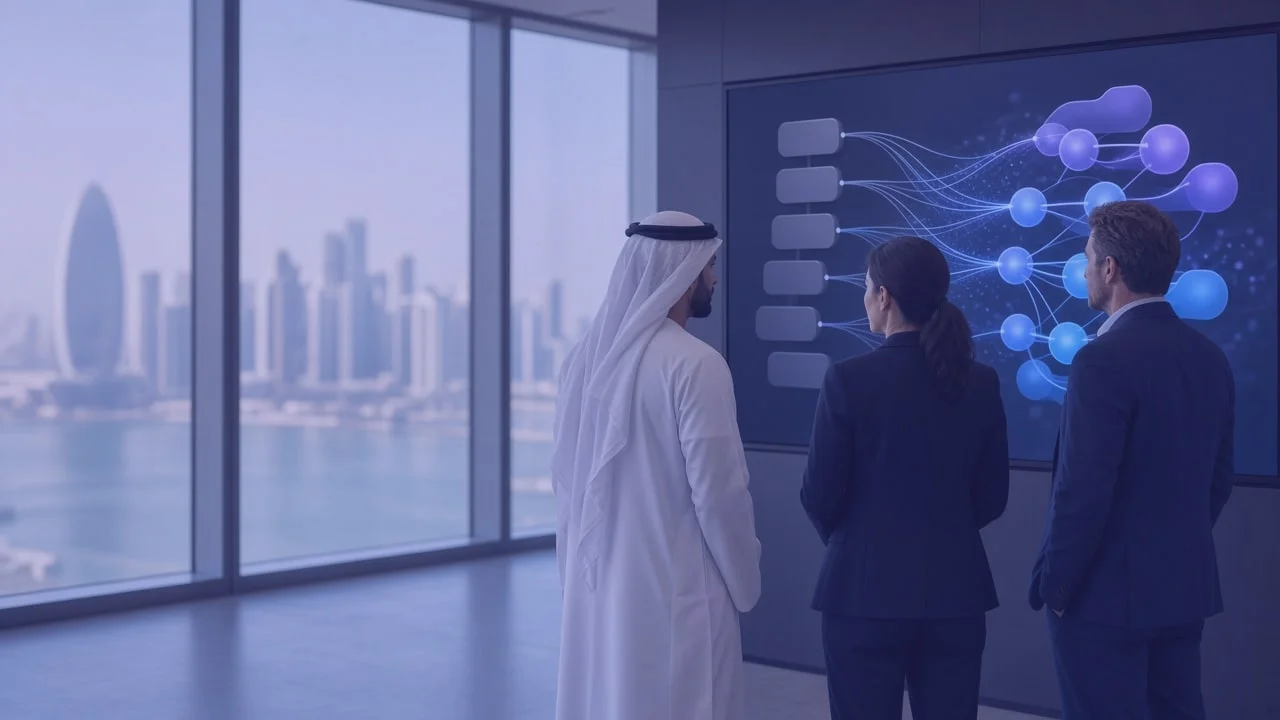 Two colleagues reviewing a digital workflow diagram on a wall display in a Doha office