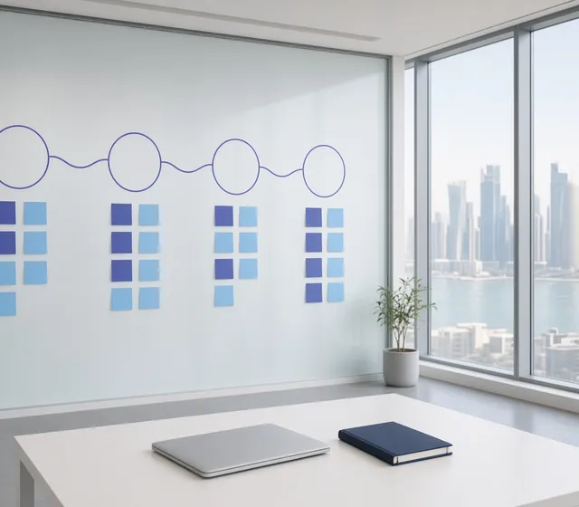 Project roadmap with four milestones and planning notes on a glass wall in a QCode meeting room