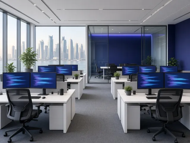 QCode software development workspace in Doha with developer desks and a glass meeting room