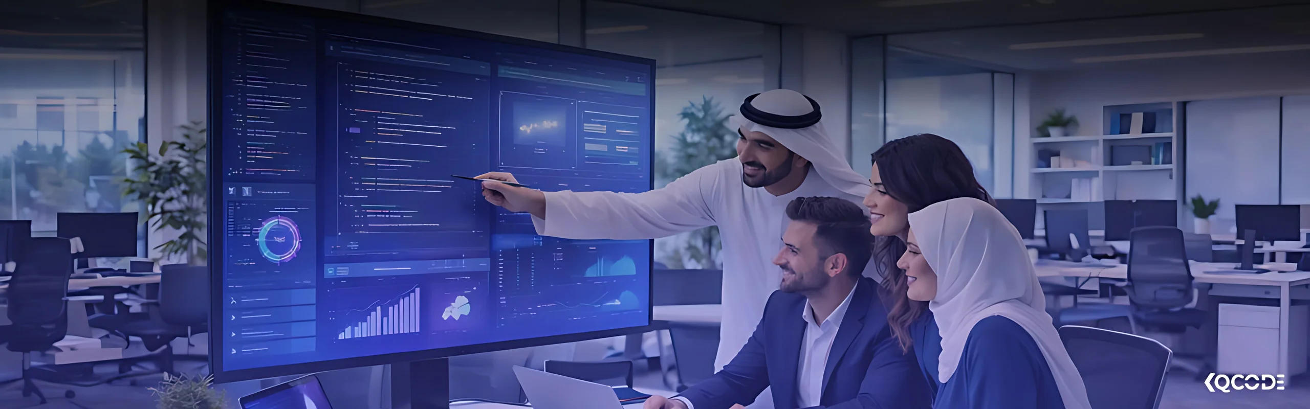 QCode consultants reviewing a software dashboard with clients in a Doha office