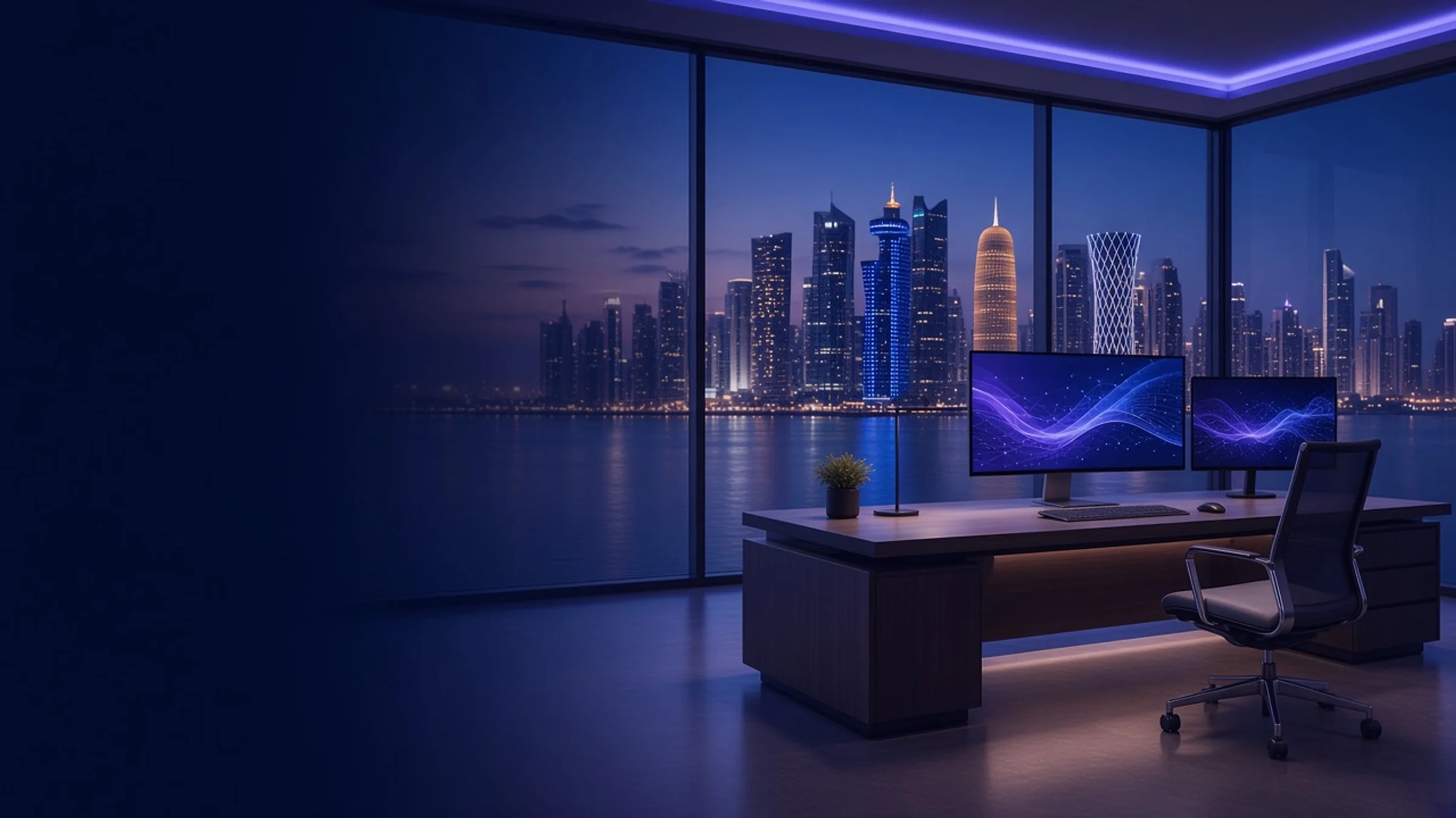 Modern software workspace overlooking the Doha West Bay skyline at night