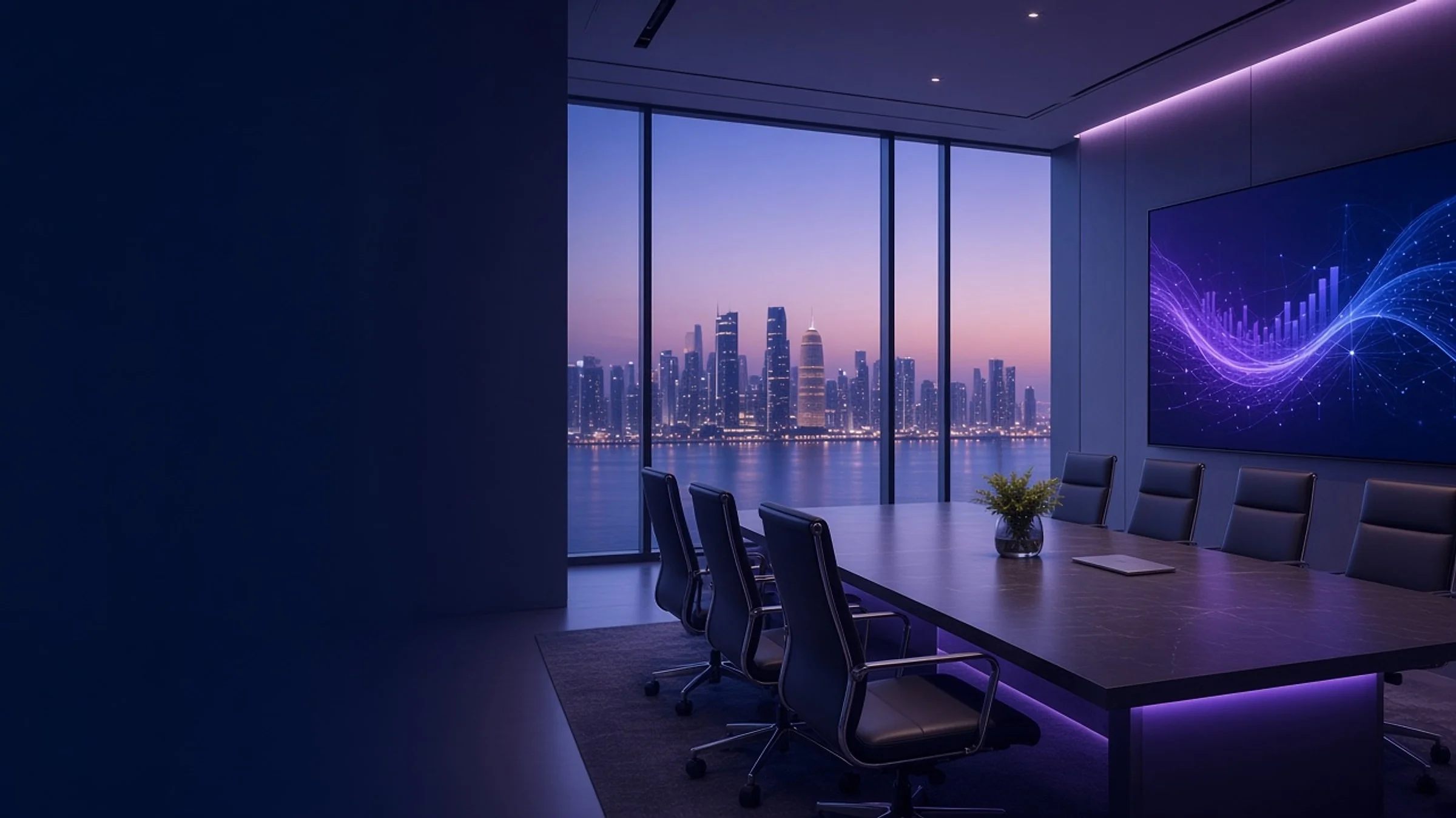 Executive boardroom with an analytics display and the Doha skyline at dusk