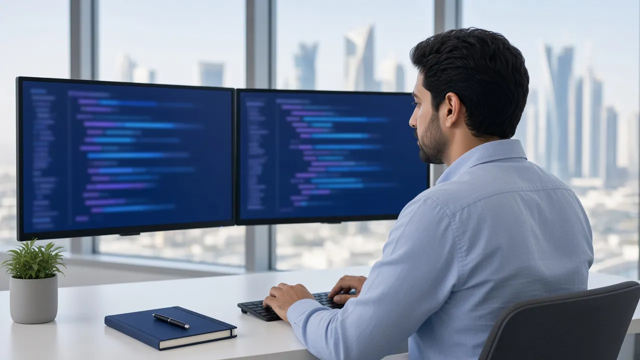 Software engineer coding on two monitors in a Doha office overlooking the skyline