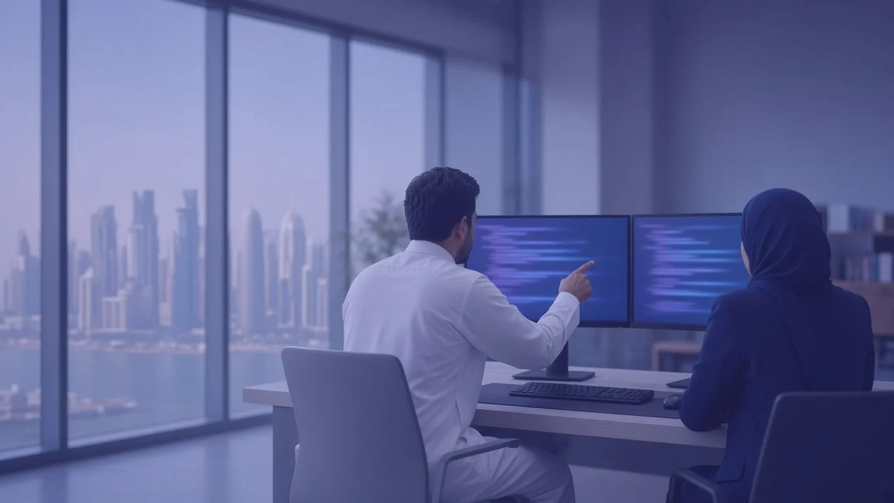 Software engineer coding on two monitors in a Doha office overlooking the skyline