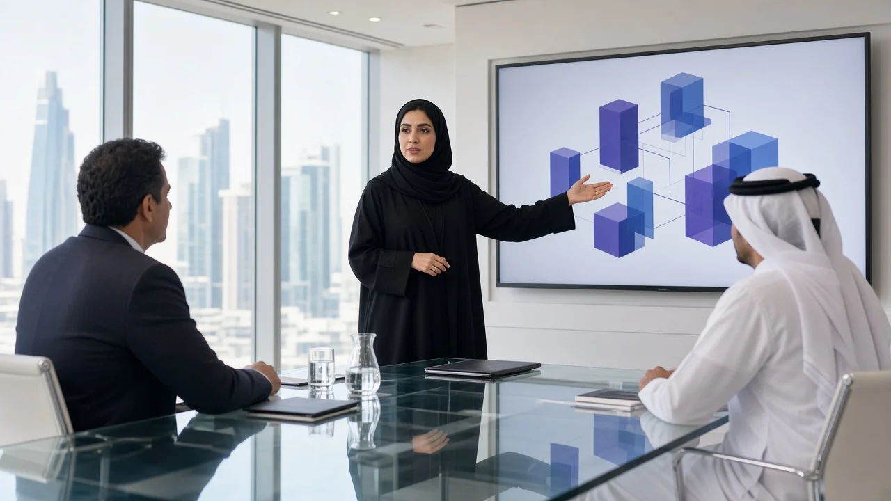 Consultant presenting a technology architecture diagram to clients in a boardroom