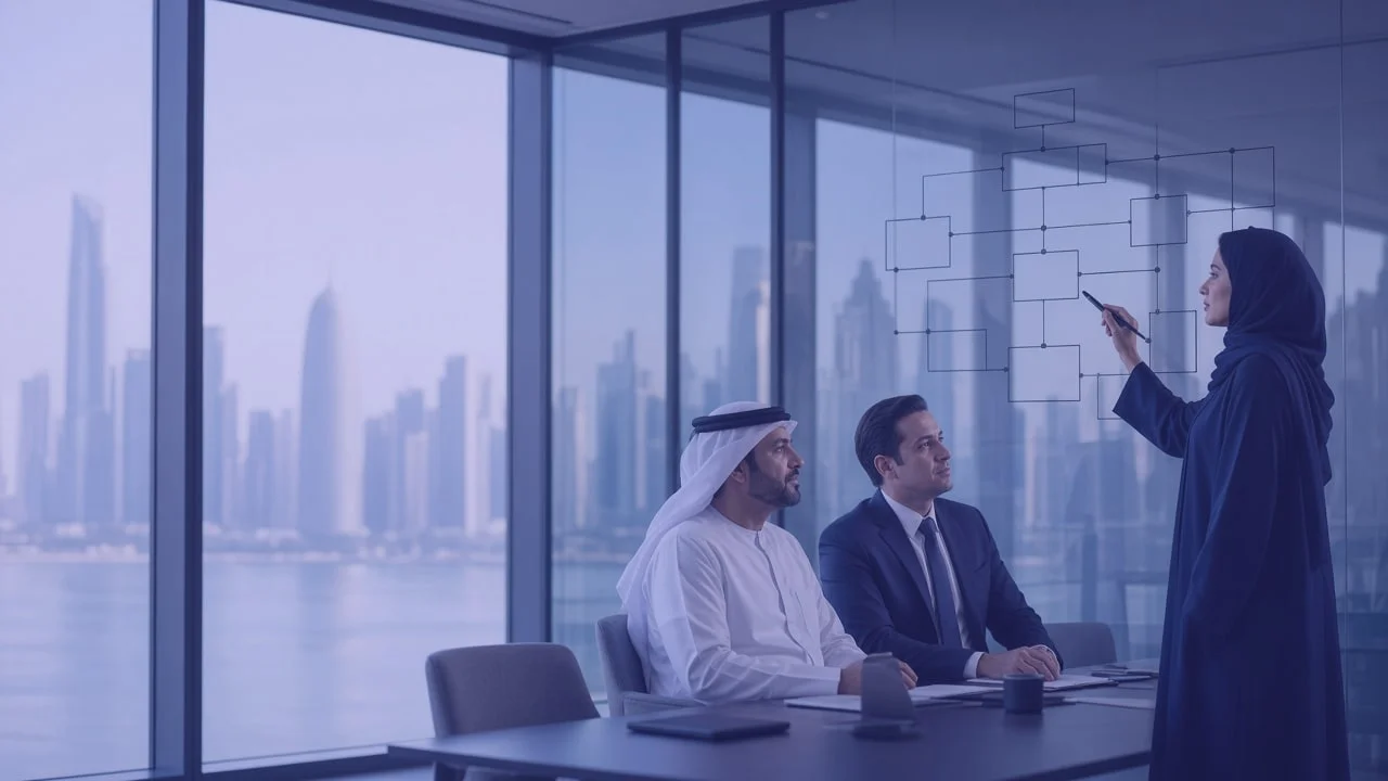 Consultant presenting a technology architecture diagram to clients in a boardroom